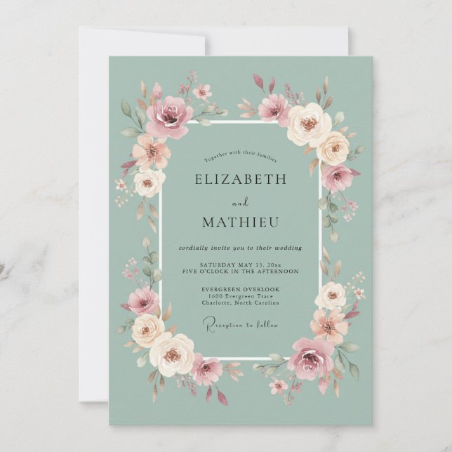 Sage Blush Blossom Romance Wedding Invitation (Front)