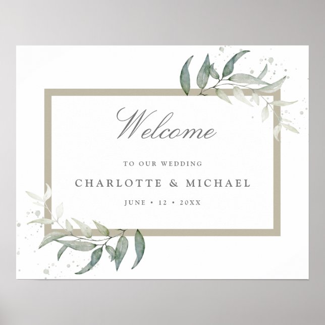 Sage blush blue greenery wedding welcome poster (Front)