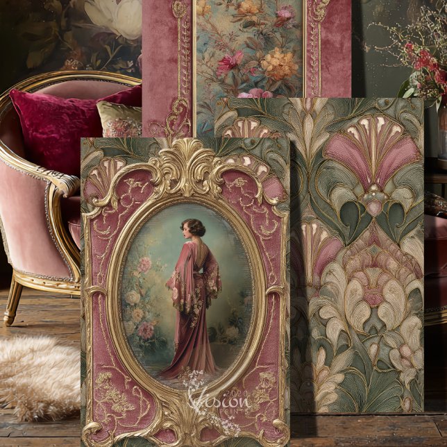 Sage Blush Flapper Art Nouveau 3 Panel Set Wrapping Paper Sheets (Three art nouveau panels propped on dark wood floor beside pink French velvet chair)