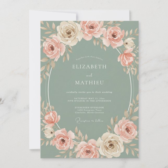 Sage Blush Floral Romantic Wedding Invitation (Front)