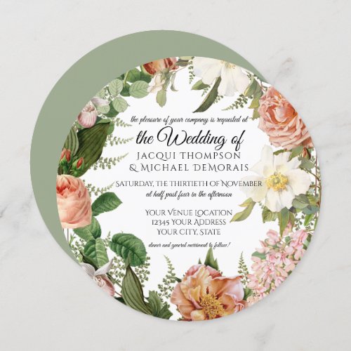 Sage Blush Ivory Vintage Botanical Floral Wedding Invitation