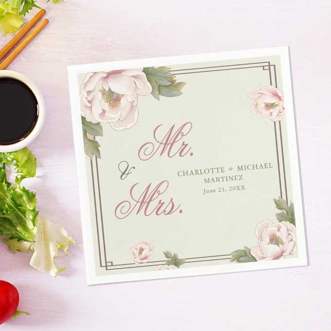 Sage & Blush Peony Floral Wedding Mr. and Mrs. Napkins (Creator Uploaded)