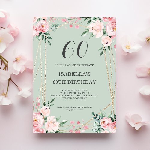 Sage  Blush Pink Floral 60th Birthday Invitation