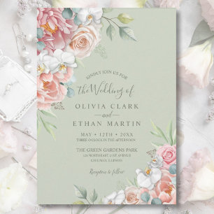 Sage Blush Pink Floral Rustic Wedding Invitation