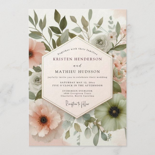 Sage Blush Watercolor Flora Wedding Invitation (Front)