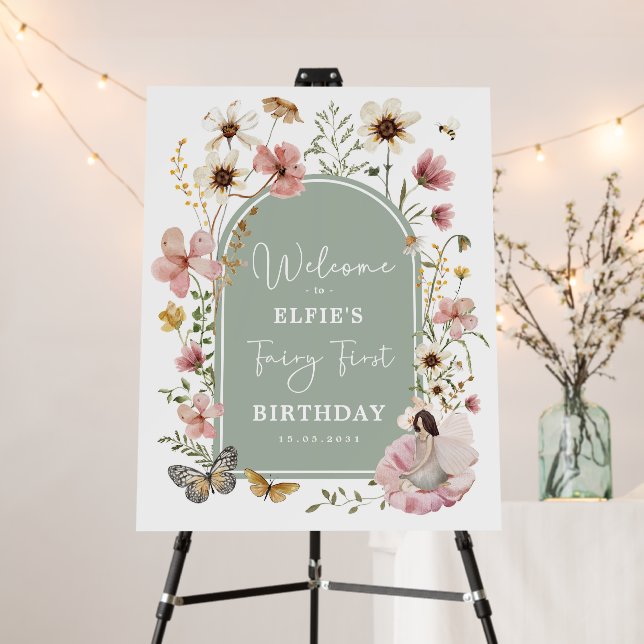 Sage Blush Wildflower Fairy 1st Birthday Party Foam Board (In Situ (Stand))