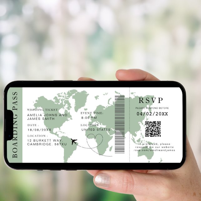 Sage Boarding Pass Destination wedding QR code  Invitation (Front Digital)