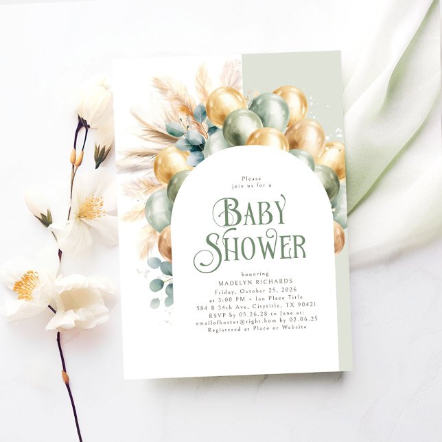 Sage Boho Arch Baby Shower Gender Neutral Invitation (Sage and Brown Baby Shower Invitations)