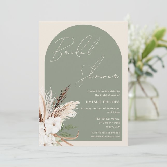 Sage Boho Arch Beige Floral Bridal Shower Invitation (Standing Front)