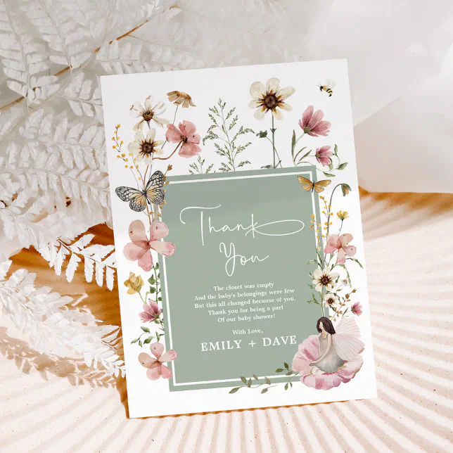 Sage Boho Fairy Wildflower Garden Baby Shower Thank You Card | Zazzle