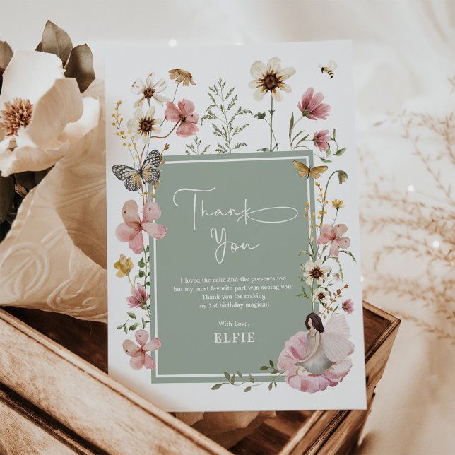 Sage Boho Fairy Wildflower Garden Girl Birthday Thank You Card (Creator Uploaded)