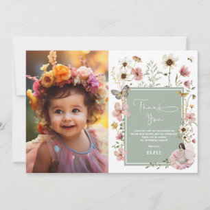 Sage Boho Fairy Wildflower Girl Birthday Photo Thank You Card