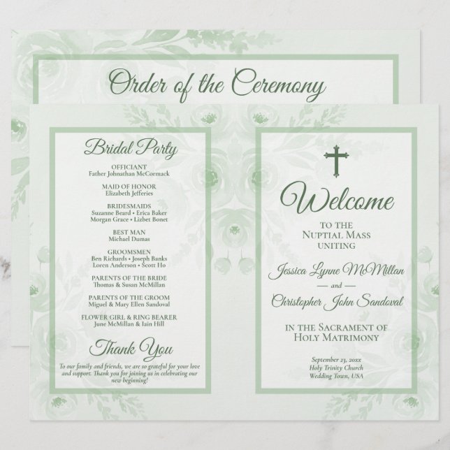 Sage Boho Floral DIY Fold Catholic Wedding Program (Front/Back)