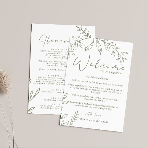 Sage Boho Flowers Welcome Letter  Itinerary Note Card