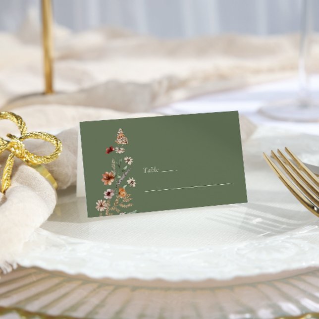 Sage Boho Table Place Card (Sage Green Wildflower Boho Table Place Card with Butterfly by Painted Paperie
)