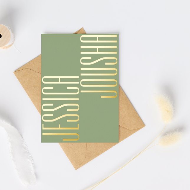 Sage Bold Names Script Ultra Modern Wedding Golden Foil Invitation (Creator Uploaded)