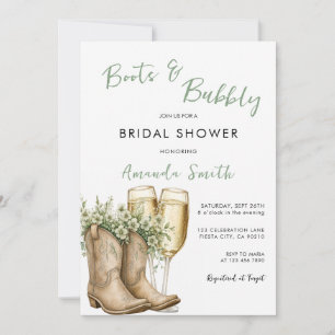 Sage Boots & Bubbly Bridal Shower Champagne  Invitation