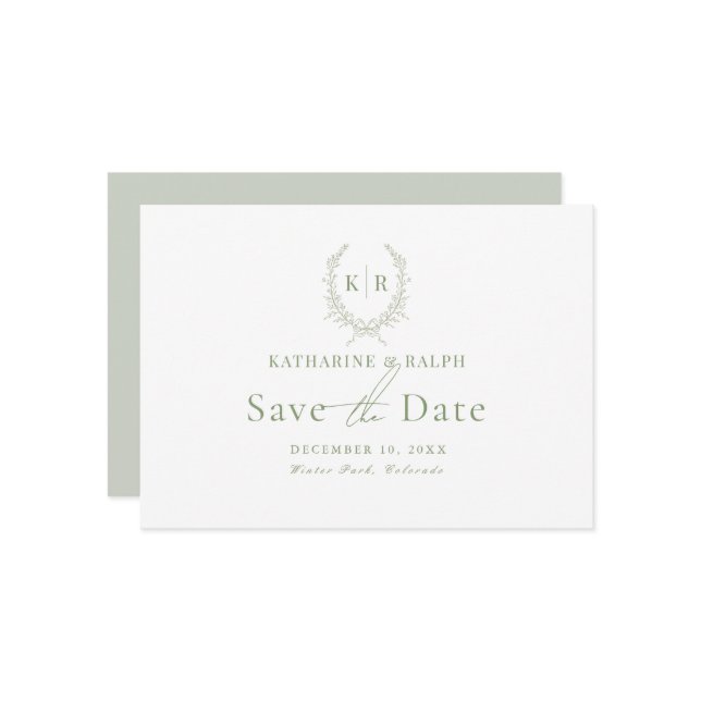 Sage Botaniacal Crest Monogram Save the Date Invitation (Front/Back In Situ)