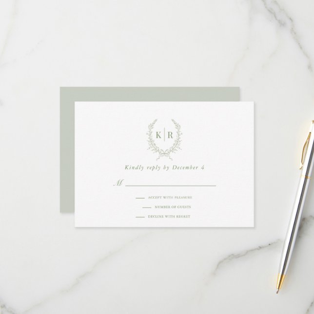 Sage Botaniacal & Ribbon Crest Monogram RSVP Card (Front/Back In Situ)