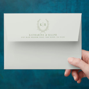 Sage Botaniacal & Ribbon Crest Monogram Wedding Envelope