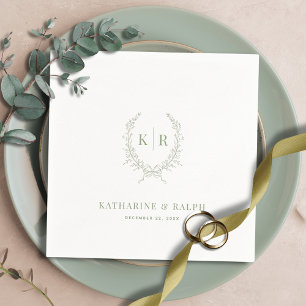 Sage Botaniacal & Ribbon Crest Monogram Wedding Napkins