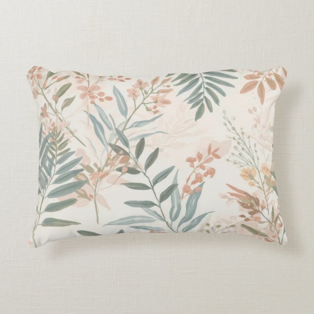 Sage Botanical Blush Leaf Watercolor Pattern Accent Pillow (Front)