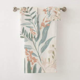 Sage Botanical Blush Leaf Watercolor Pattern Bath Towel Set