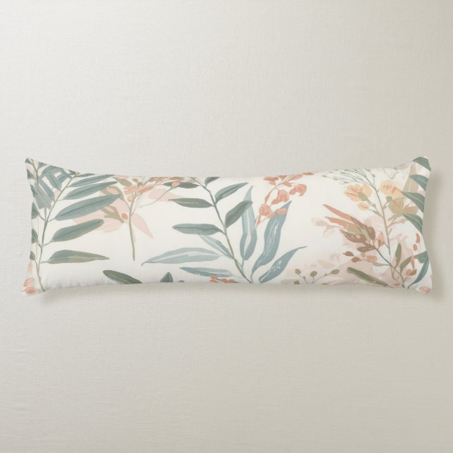 Sage Botanical Blush Leaf Watercolor Pattern Body Pillow (Front)