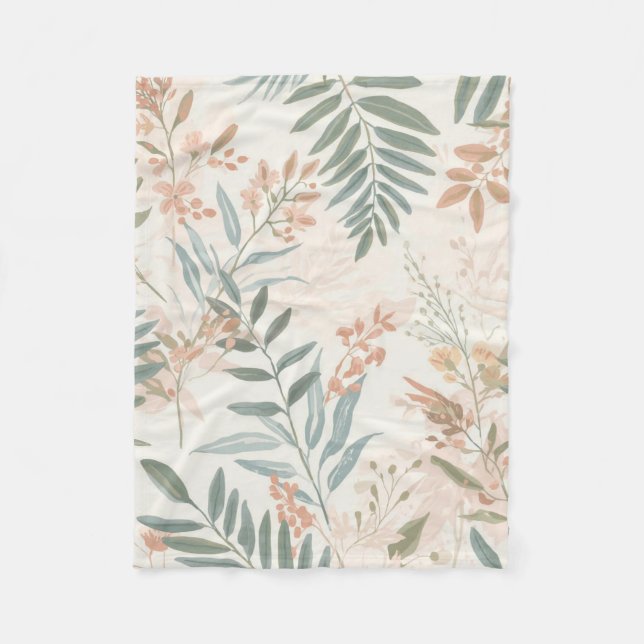 Sage Botanical Blush Leaf Watercolor Pattern Fleece Blanket (Front)