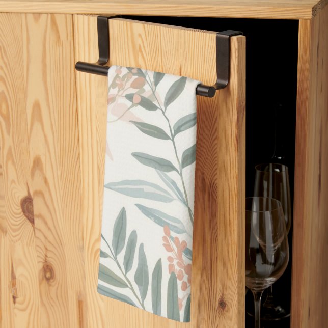 Sage Botanical Blush Leaf Watercolor Pattern Kitchen Towel (Thirds Fold)