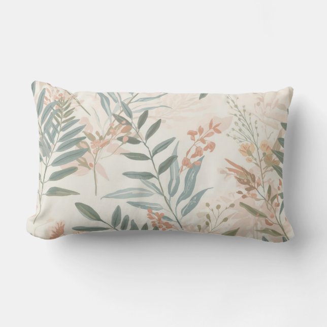 Sage Botanical Blush Leaf Watercolor Pattern Lumbar Pillow (Front)