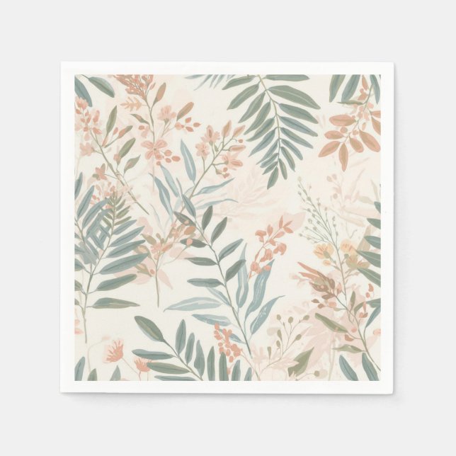 Sage Botanical Blush Leaf Watercolor Pattern Napkins (Front)