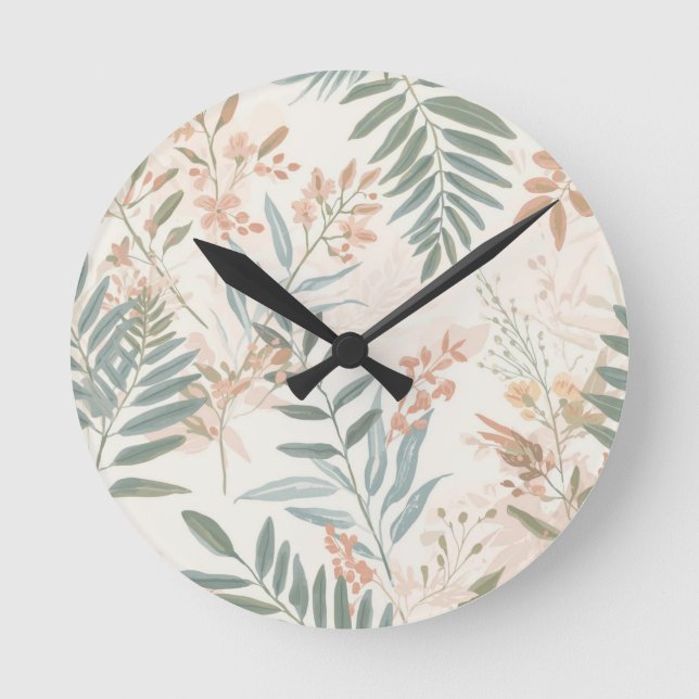 Sage Botanical Blush Leaf Watercolor Pattern Round Clock (Front)