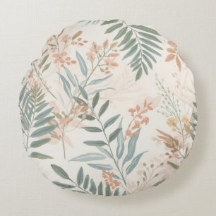Sage Botanical Blush Leaf Watercolor Pattern Round Pillow