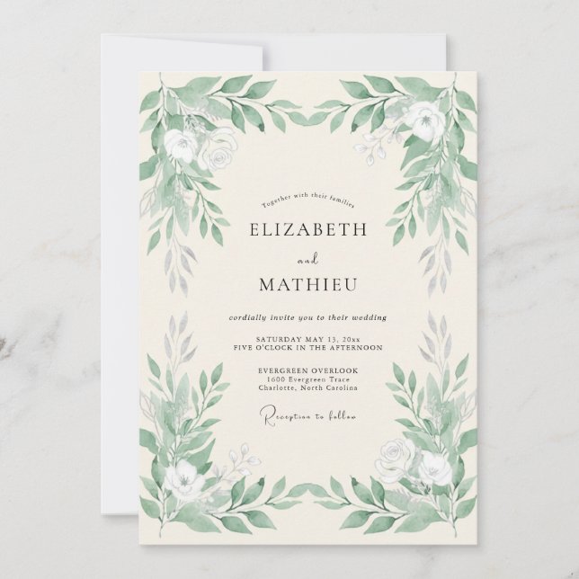 Sage Botanical Flourish Wedding Invitation (Front)