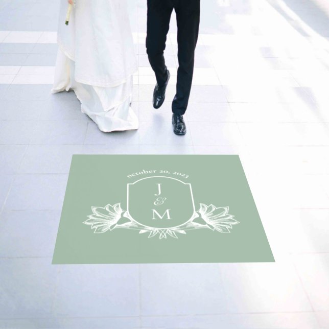 Sage Botanical Monogram Crest Wedding Floor Decals (Wedding)