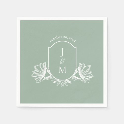 Sage Botanical Monogram Crest Wedding Napkins