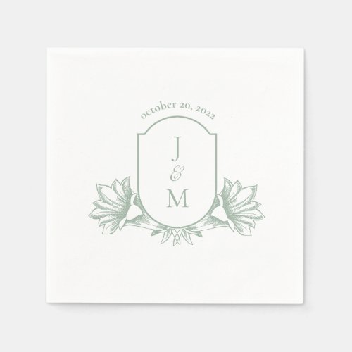 Sage Botanical Monogram Crest Wedding Napkins