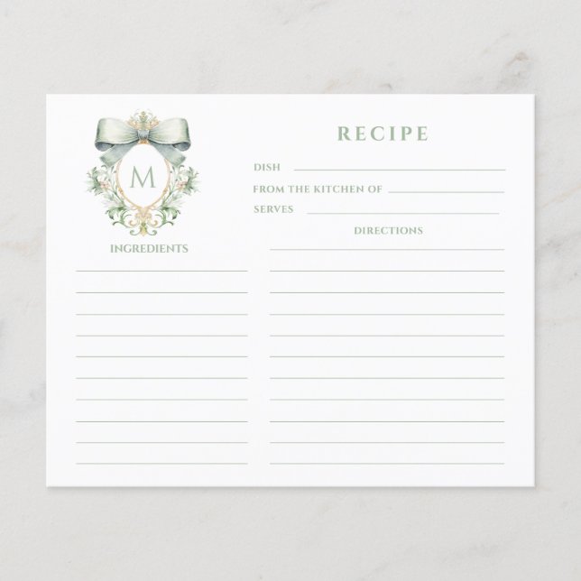 Sage Bow Crest Monogram  Recipe Card (Front)