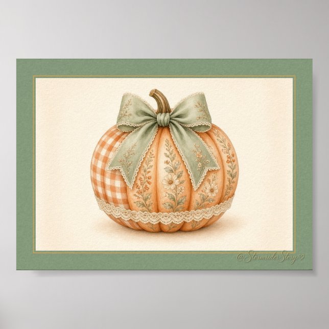 Sage Bow Gingham Patchwork Pumpkin Poster (Front)