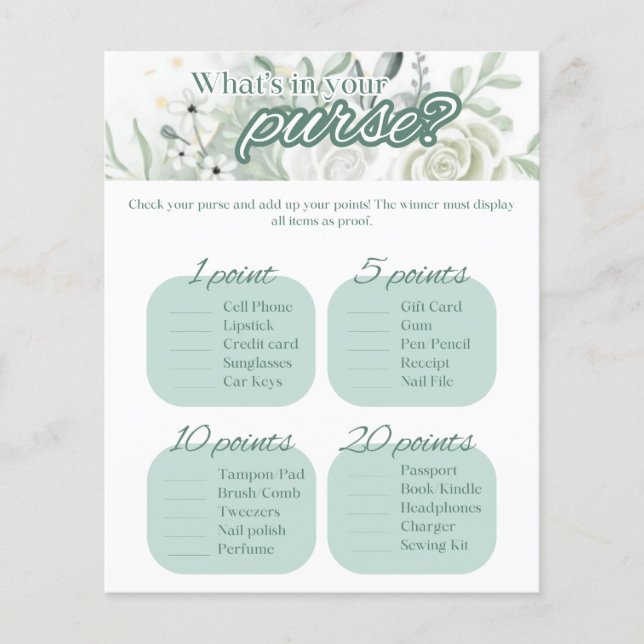Sage Bridal Shower Game - What's in your purse? (Front)