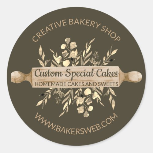 Sage Brown Bakery Flowers Cooking Rolling Pin Classic Round Sticker