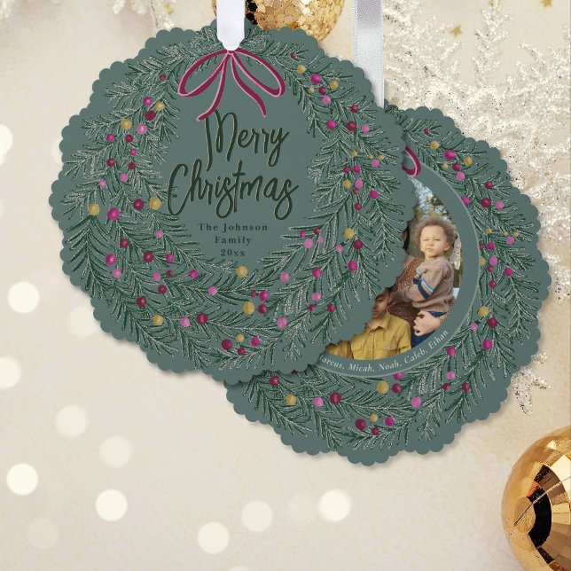 Sage Burgundy Merry Christmas Ornament with Photo Card (Creator Uploaded)