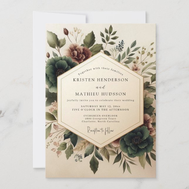 Sage Burgundy Vintage Bloom Wedding Invitation (Front)