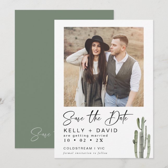 Sage Cactus Succulent Photo Save The Date Card (Front/Back)