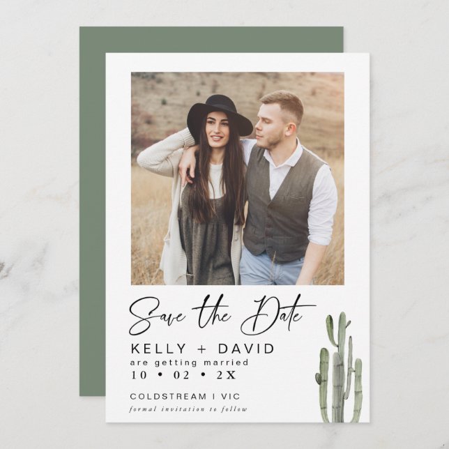 Sage Cactus Succulent Photo Save The Date Card (Front/Back)