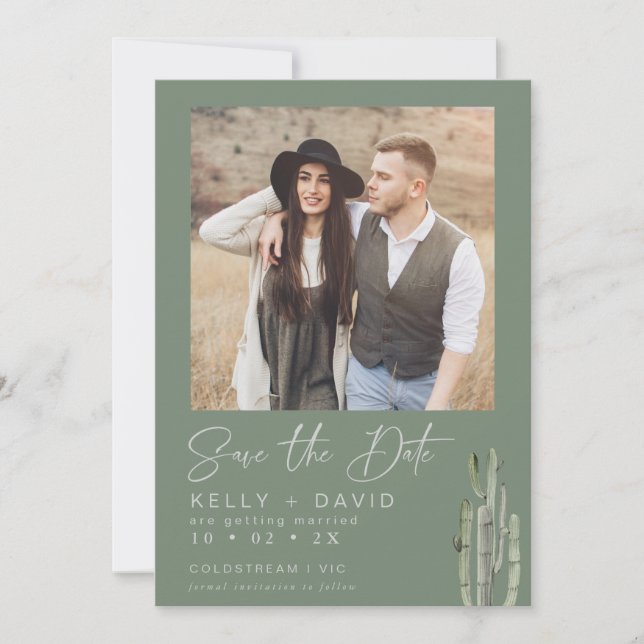 Sage Cactus Succulent Save The Date Card (Front)