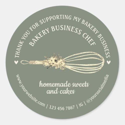 Sage Catering Bakery Chef Glitter Whisk Flower Classic Round Sticker