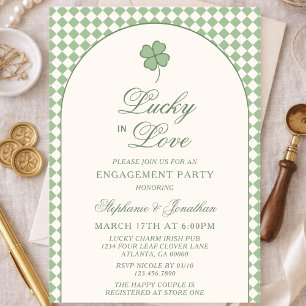 Sage Checkered Lucky in Love Engagement Party Invitation