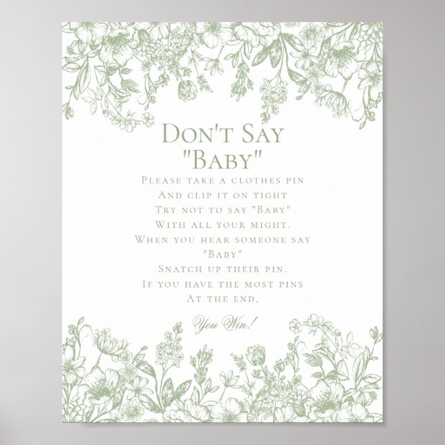 Sage Chinoiserie Dont Say Baby Shower Game Poster (Front)